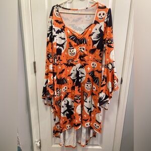 Halloween dress bell sleeves 1X cat bat witch skull orange pumpkins 70’s hi low